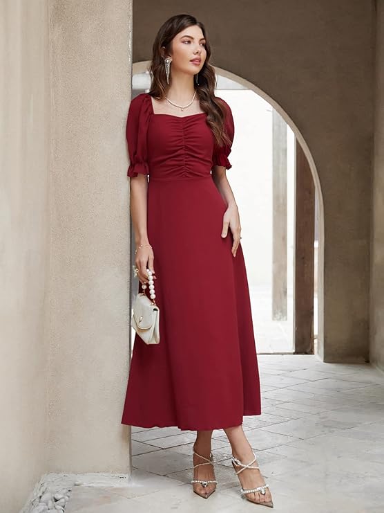 Elegant ruched puff sleeve maxi evening gown – latest women dress 2025, blending modern elegance, timeless grace, style, and comfort.