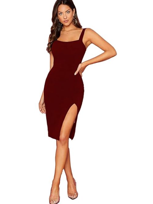 Aahwan women’s mini bodycon dress in solid polyester, sleeveless midi fit & flare style.