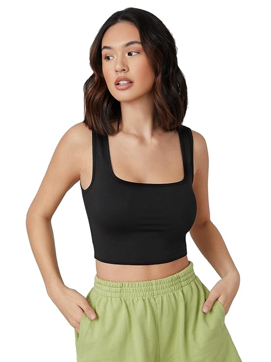 Black Crop Top – Ribbed Square Neck Slim Fit Tank Top for Women