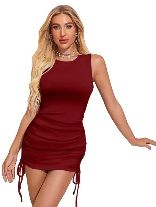 Girls Party Dresses – LONDON BELLY Maroon Ruched Mini Bodycon 2025