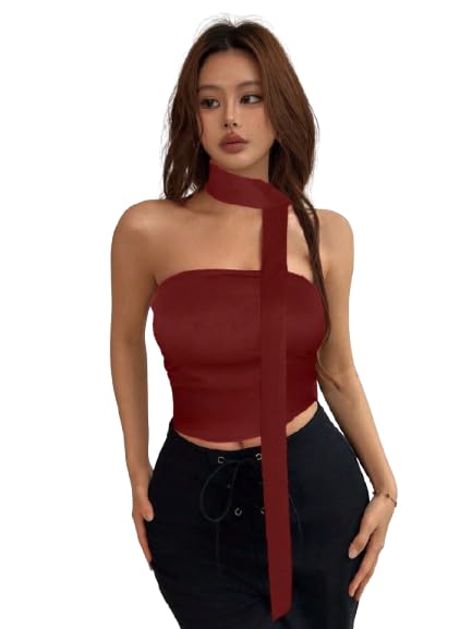 TIVANTE Women Tube Top – Solid Sleeveless Y2K Summer Crop Top with Scarf