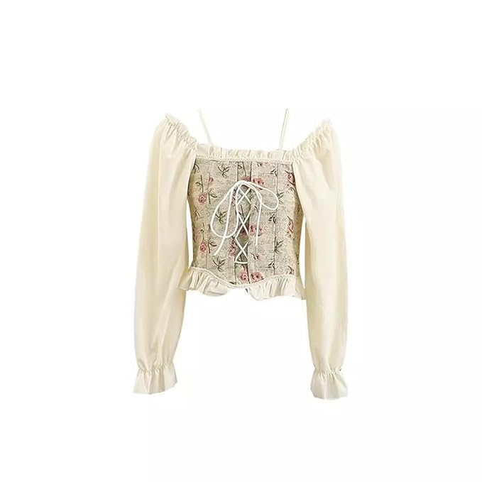 Women Off Shoulder Tops – Floral Jacquard Lace-Up Crop Blouse, Puff Sleeve, Retro Style