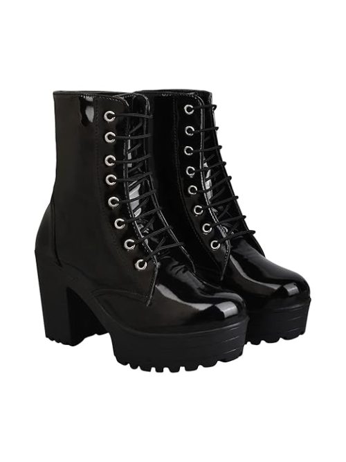 Shoetopia women's black heeled boots with lace-up design