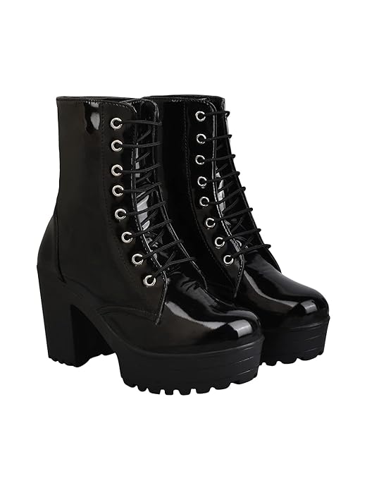 Shoetopia women's black heeled boots with lace-up design
