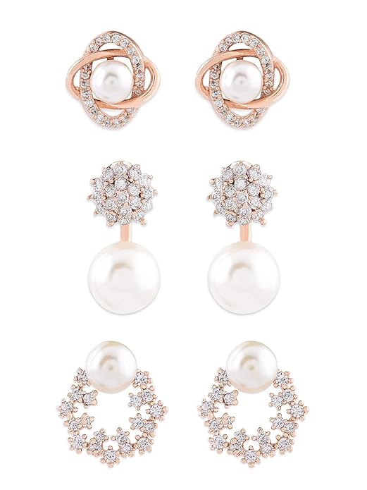 Zaveri pearls stud earrings set of 3 pairs with cubic zirconia and pearls, 22K gold plated stylish earrings for women.