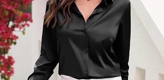 Women satin shirt in elegant white, smooth and stylish top for work or casual wear