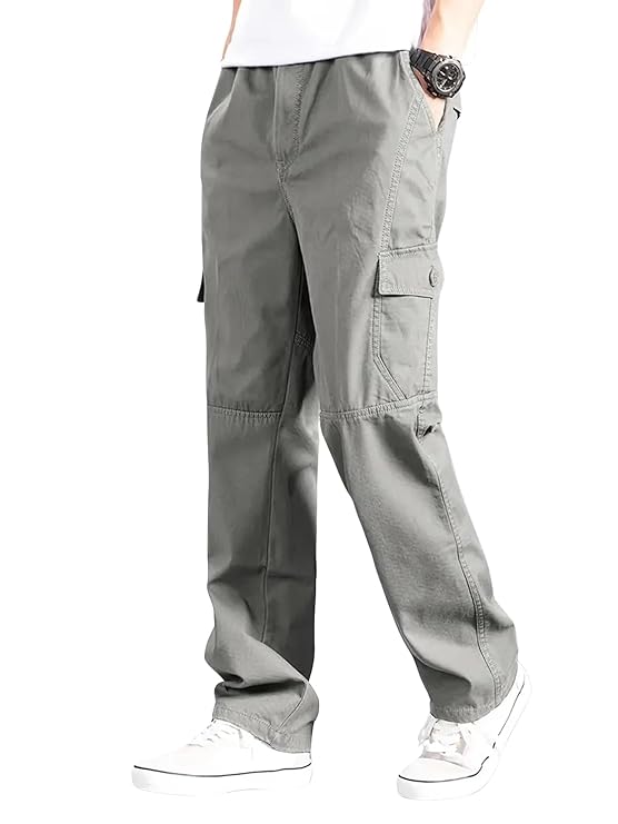Men's cargo pants in olive green with multiple pockets