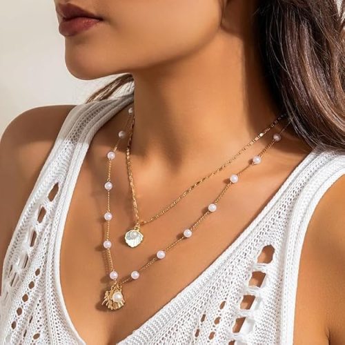SANNIDHI® Pearl Pendant Necklace – Boho Gold Seashell & Starfish Layered Necklace for Women