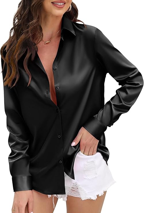 IndoPrimo satin shirt women with spread collar and full sleeves, classic solid western style